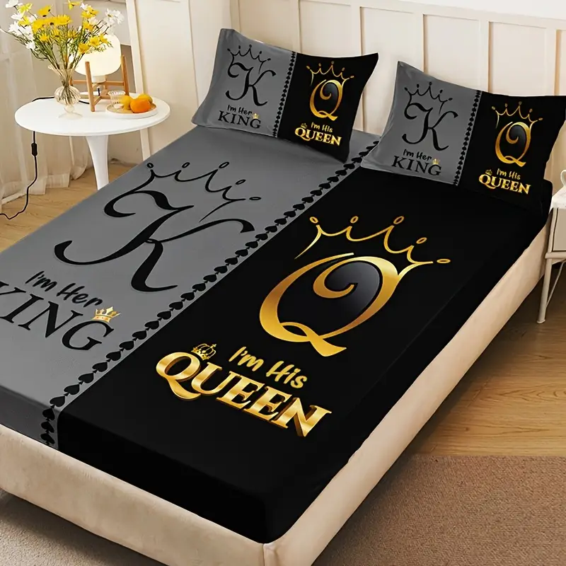 3pcs king queen themed bedding set 100 polyester microfiber breathable machine washable fitted sheet and 2 pillowcases high definition bedroom decor Product details 5