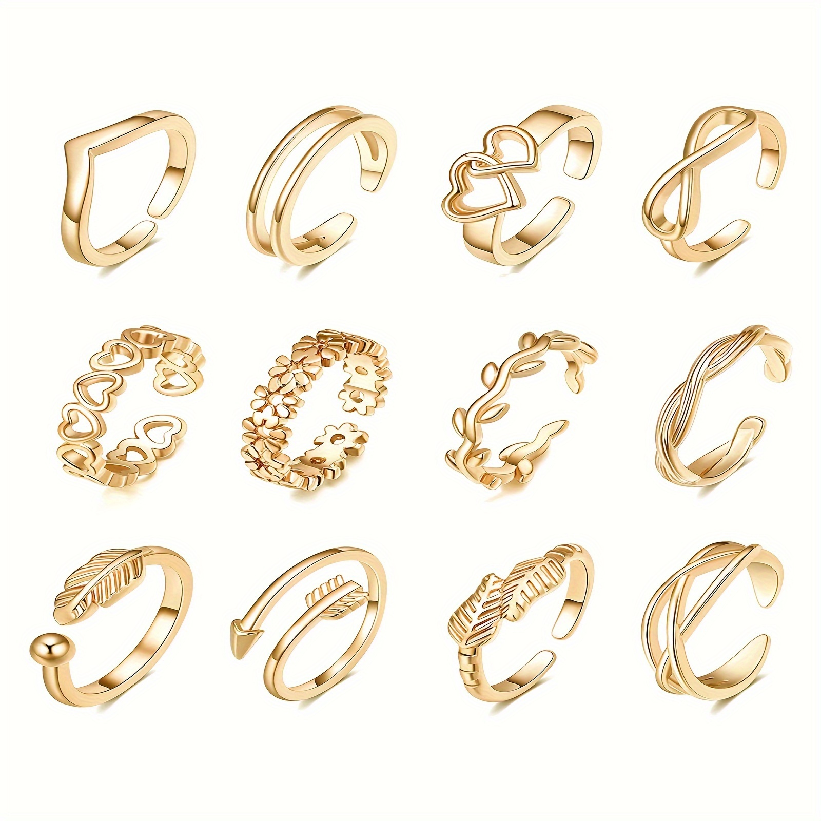 

12pcs Open Toe Ring Set Flower Arrows Adjustable Toe Rings Alloy Feather Jewelry Foot Ring For Women