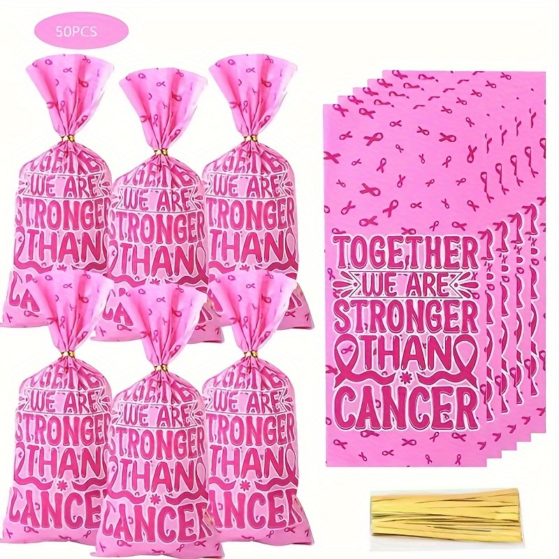 

50-pack Breast Cancer Awareness Plastic Treat Bags With Golden Twist Ties - Support & Hope Party Favor Goody Bags