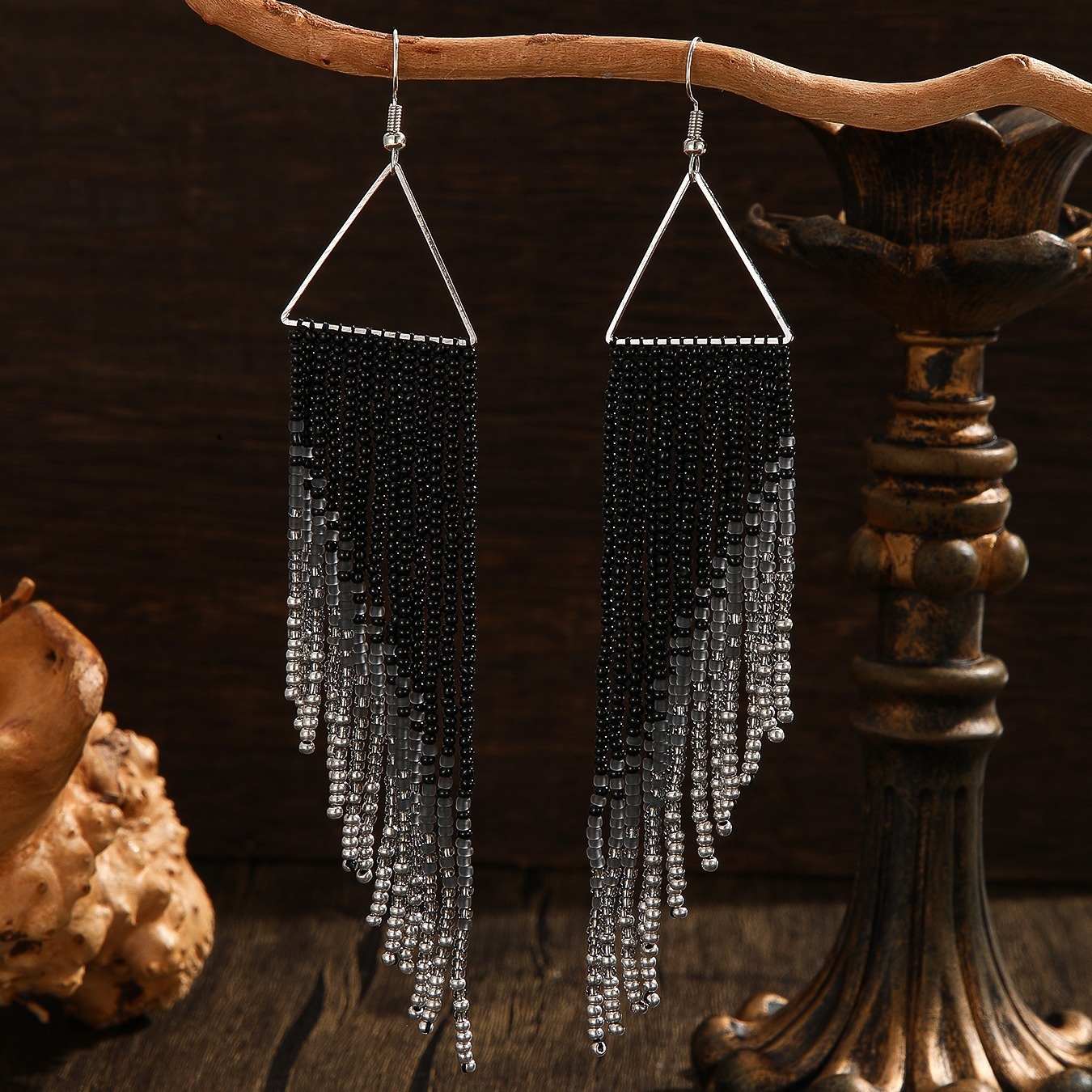 TEMU Boho Style Black Metal Triangle With Black Gradient Tassel Design | Handcrafted, Hypoallergenic, Copper Post, Fashionable Women's Earrings,