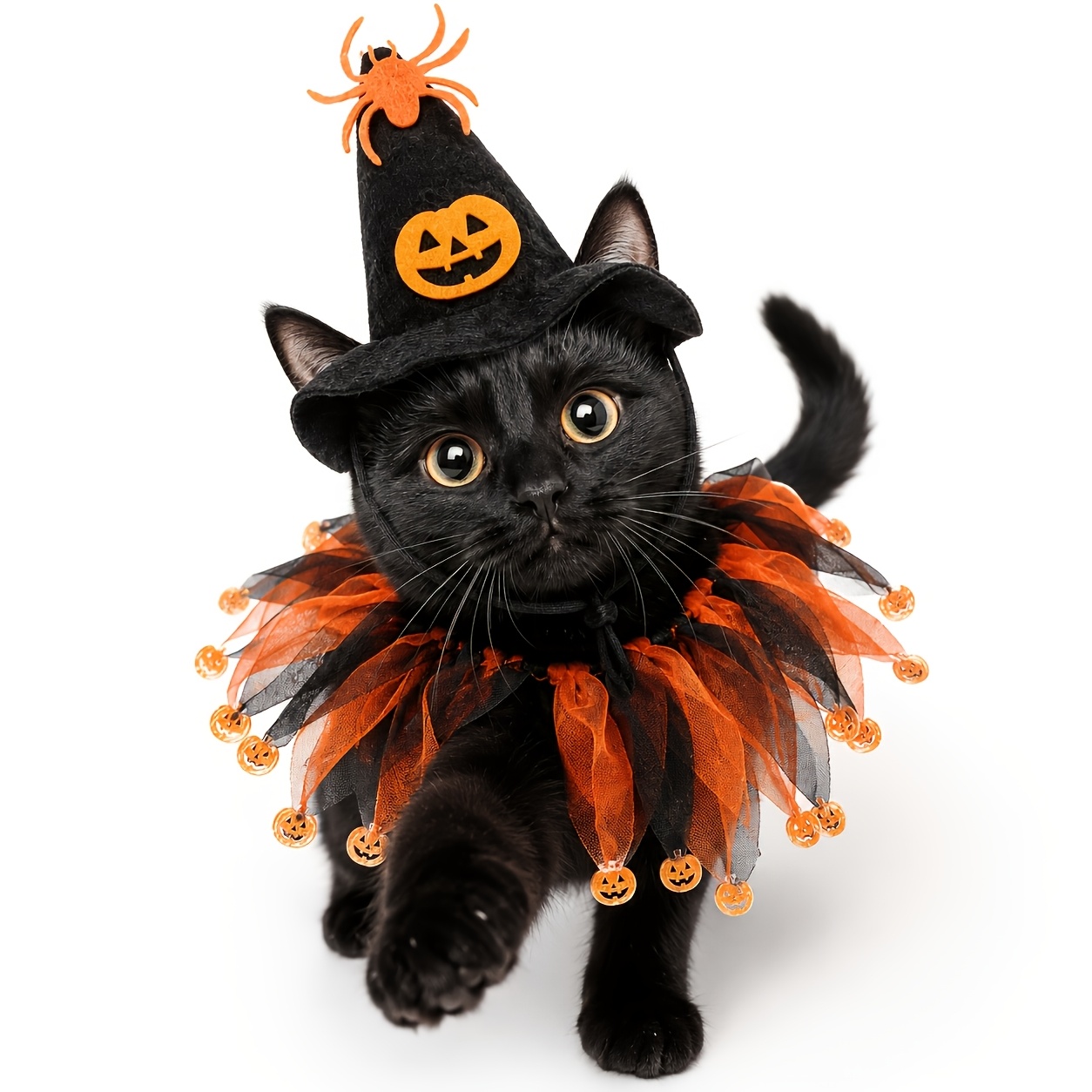 TEMU 2pcs Halloween Cat Costume Set, Spooky Pet Hat And Pumpkin Pleated Collar, Adjustable Outfit For Cats And Small Dogs, Holiday Party Photo Prop