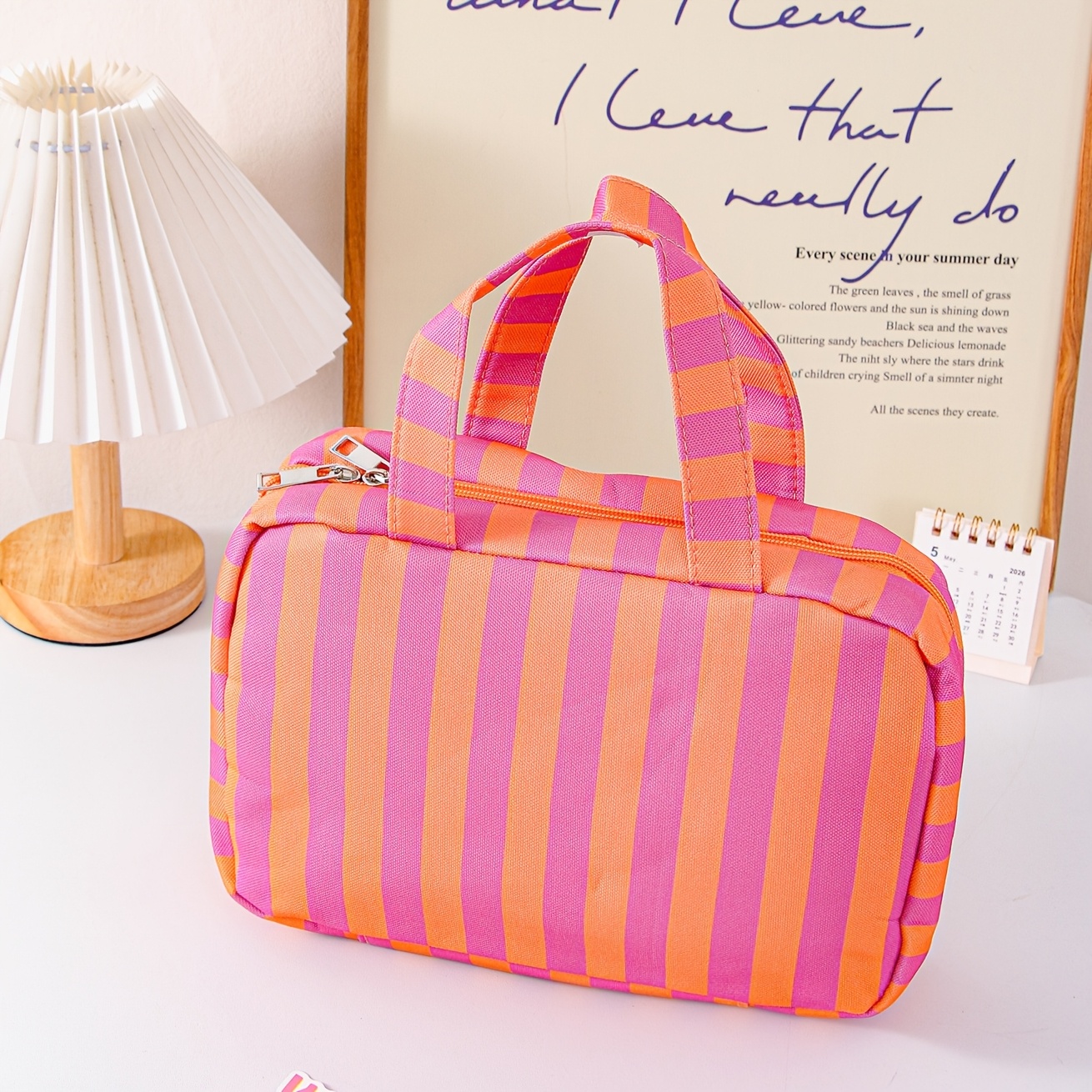 TEMU [toiletry Bag] 1pc Fashion Striped Contrast 4-layer Foldable Toiletry Bag/cosmetic Bag/beach Bag - Vacation Essential, Multi-compartment Design,