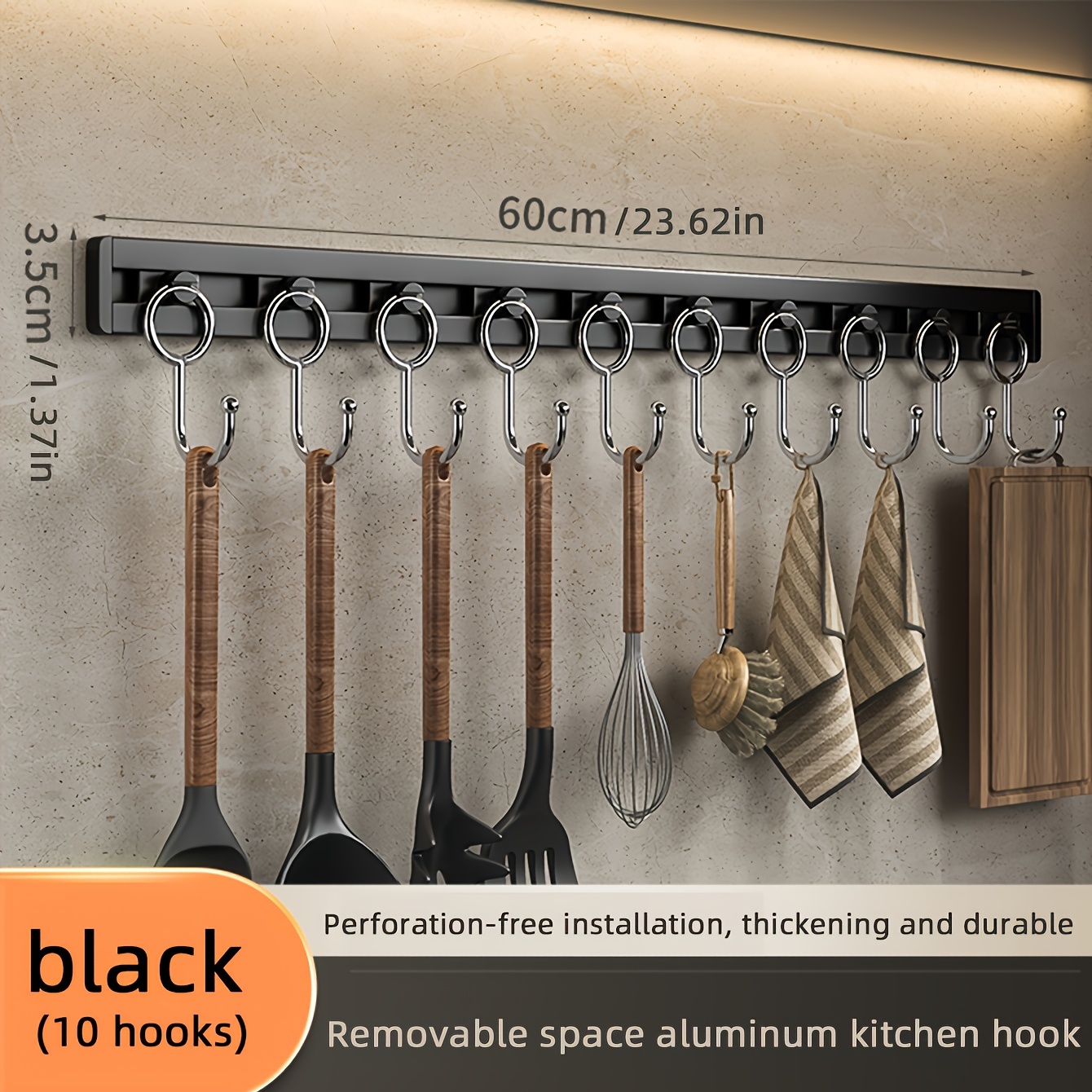 Image of Wall Mount Kitchen Hooks Rack, Made Of Aluminum, Utensil Holder With Multiple Hooks, , No Drilling Required, Perfect For Kitchen, Bathroom, And Living Room Organization, Utility Hooks