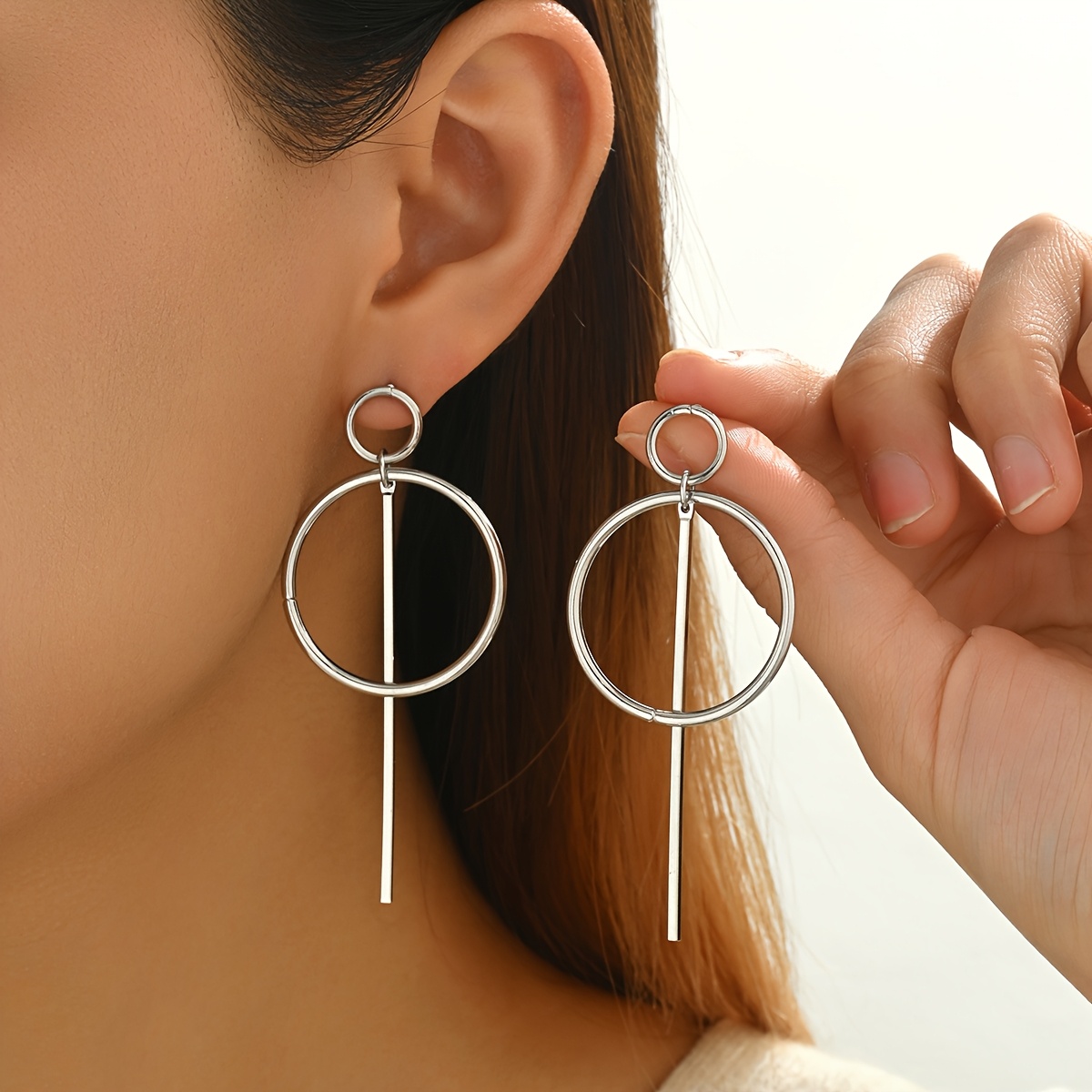 European American Round Ring Long Bar Earrings
