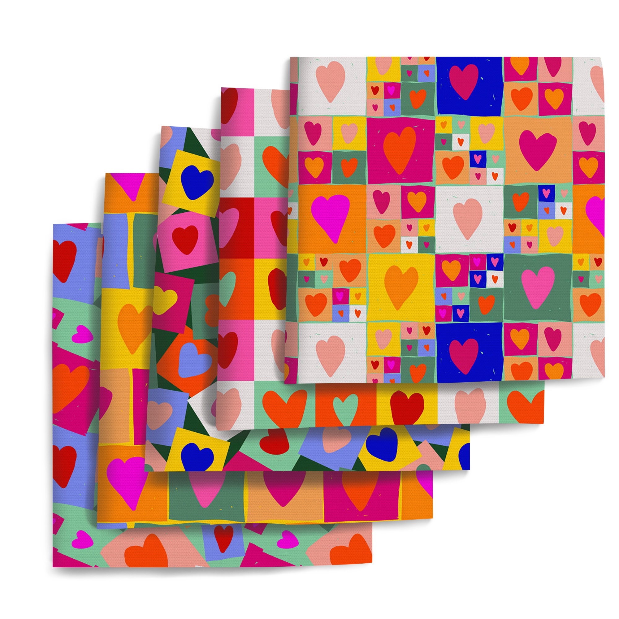 TEMU Set van 5 stuks 7.87x7.87 inch (20x20cm) Hartjesreeks meerkleurige LOVE hartjespatroon polyester stoffenbundel voor doe-het-zelf handgemaakte
