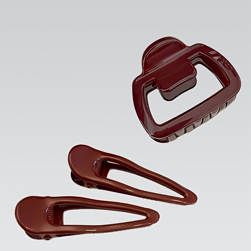 TEMU 3pcs/spring Summer 2026 New Arrival/burgundy Shark Claw Hair Clips And Bb Hair Clip Set - Anti-slip , Minimalist Elegant Design, Lightweight