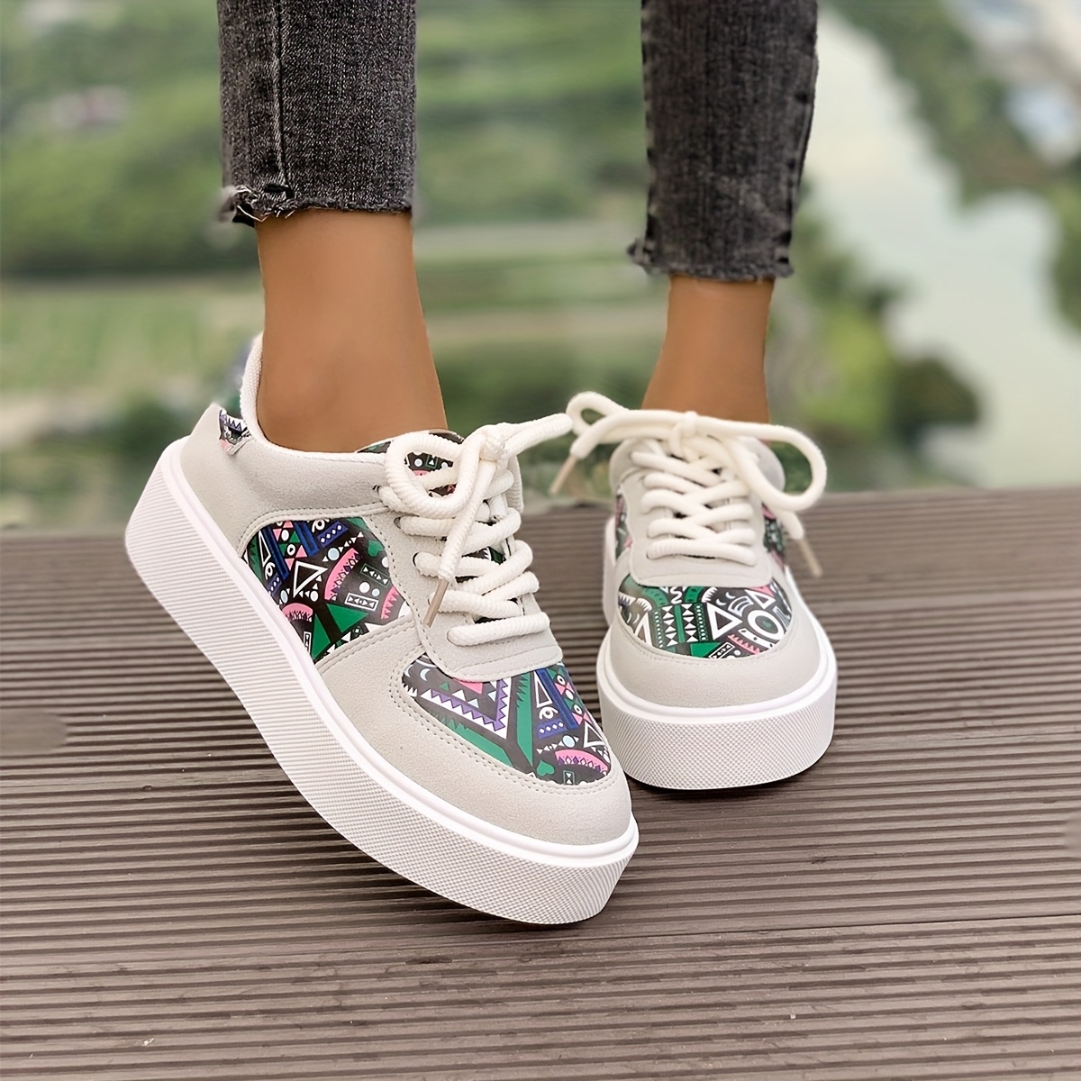 Women'S Plus Size Spring Sneakers White with Colorful Floral Geometric  Patterns, Rubber Sole, Lace-Up Shoes, Casual Footwear Floral Print