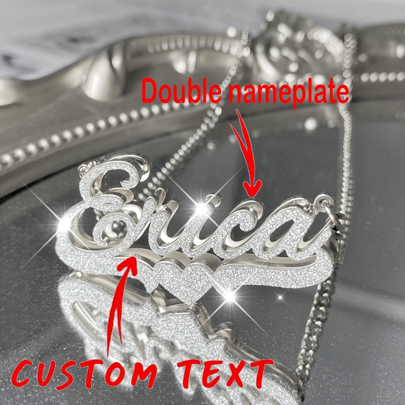 

Customizable Double Nameplate Necklace With Sparkling Heart Pendant - 3d Stainless Steel, Personalized Text & Design, Ideal For Valentine's Day Or Birthday Gift For Her