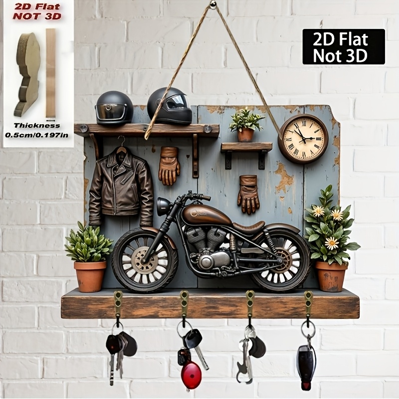 E-shop 2D Flachdruck, Schlüsselbrett-Organizer im Motorrad-Design mit 4 Haken - Retro-Design, strukturierter Look, robuste Konstruktion - Garage,