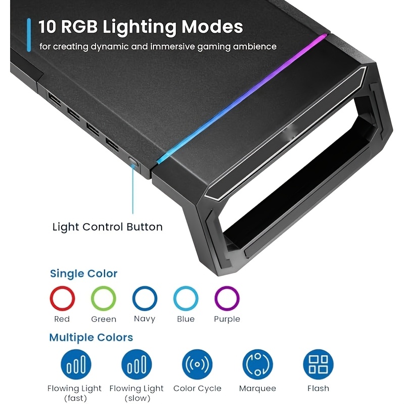 Ergonomic Monitor Stand with RGB Lighting, 4 USB Ports & Storage Compartment – Adjustable Height up to 80mm, Foldable Design for PC, Laptop, Desktop, and Mobile Devices, Device Accessory | Nonslip Features, Monitor Stand for Desk