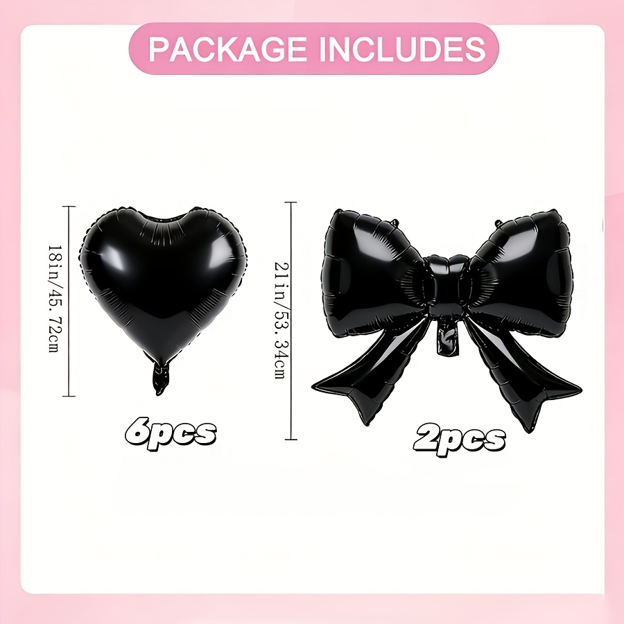 Image of 8pcs/set Black Heart Bow Tie Aluminum Foil Party Balloon Set For Wedding, Birthday, Anniversary, Valentine's Day, , Indoor Room Decoration, For Halloween, Christmas