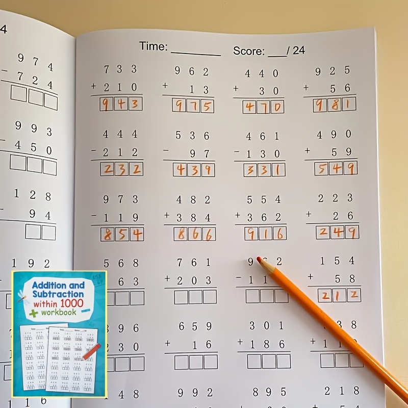 TEMU 32-page Addition & Subtraction Workbook Suitable For Numbers Up To 1000 - Math Practice Sheets With English Language Exercises, Writing Activity