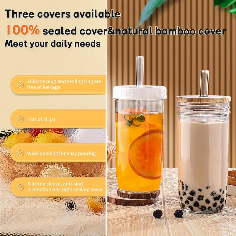 glasses set 18pcs set 4 cups 4 wooden lids 4 plastic lids 4 straws 2 straw brushes 24 oz smoothie glasses boba mason jar wide mouth milk tea cups drinking cups iced coffee glasses Product details 0