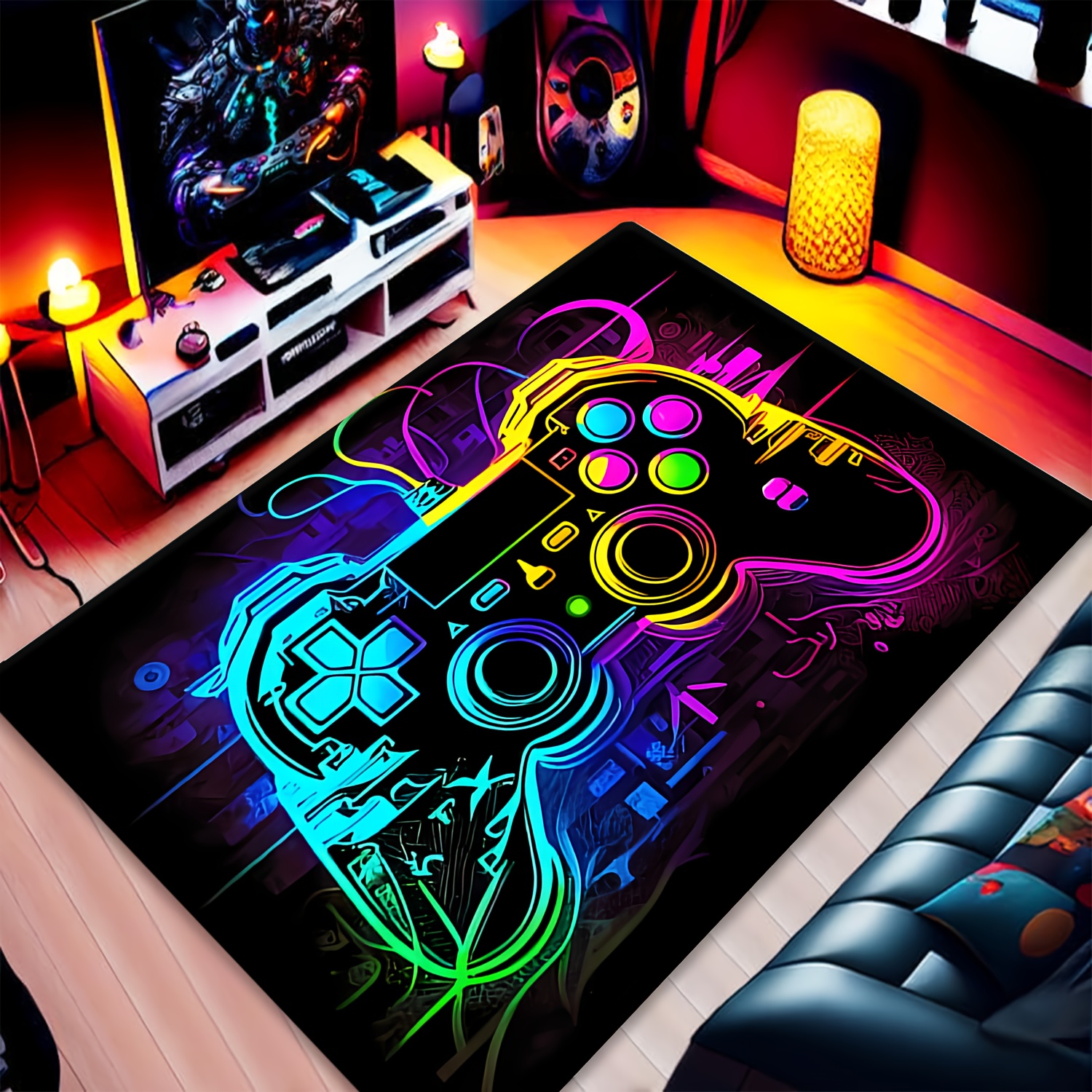 TEMU . ultraweicher, rutschfester großer Gaming-Teppich aus Flanell, lebhafter Teppich mit Spielcontroller-Muster, Wandteppich, Yogamatte,