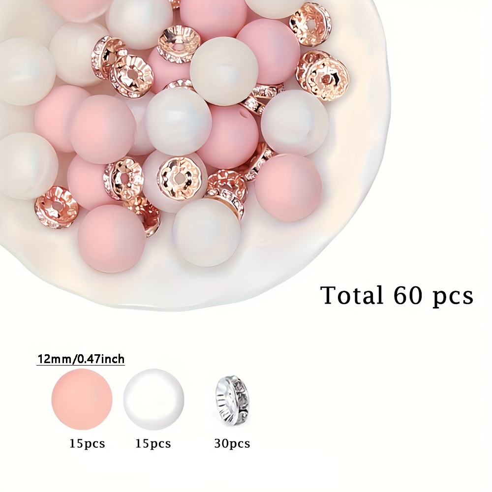 Image of 60pcs Silicone Beads Set, Black, White, Gray, Pink, Rose Red Solid Color Round Silicone Beads And Spacer Beads, Perfect For Jewelry Making Necklace Bracelet Keychain Beaded Chain Crafts