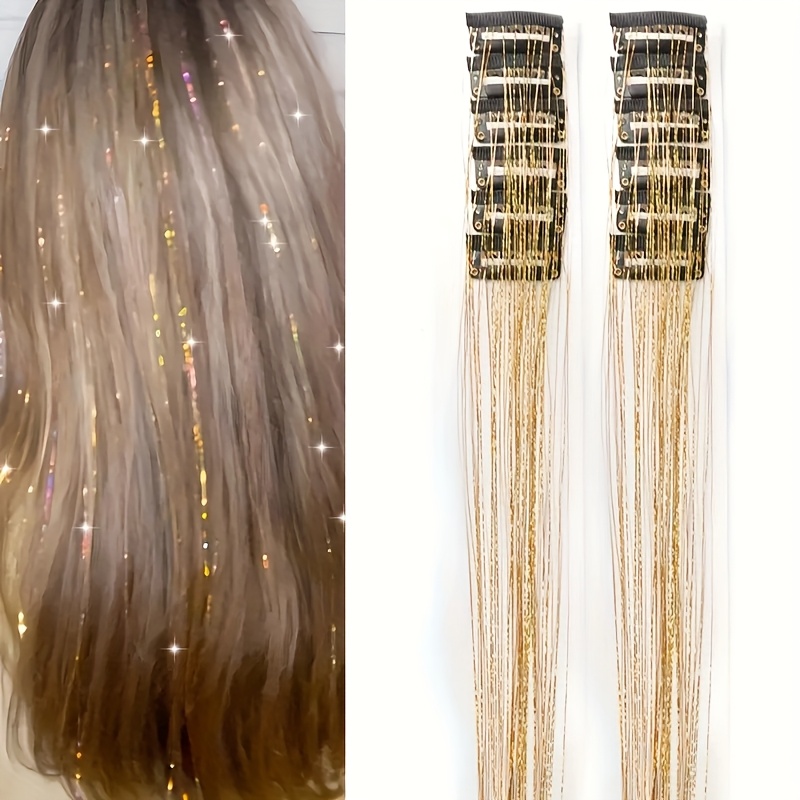 TEMU 12pcs Of Laser Golden High-temperature Fiber In Blonde, Colorful Sparkling Golden And Silvery, Gift Box With Bb Clip, Single Card Wig Piece,