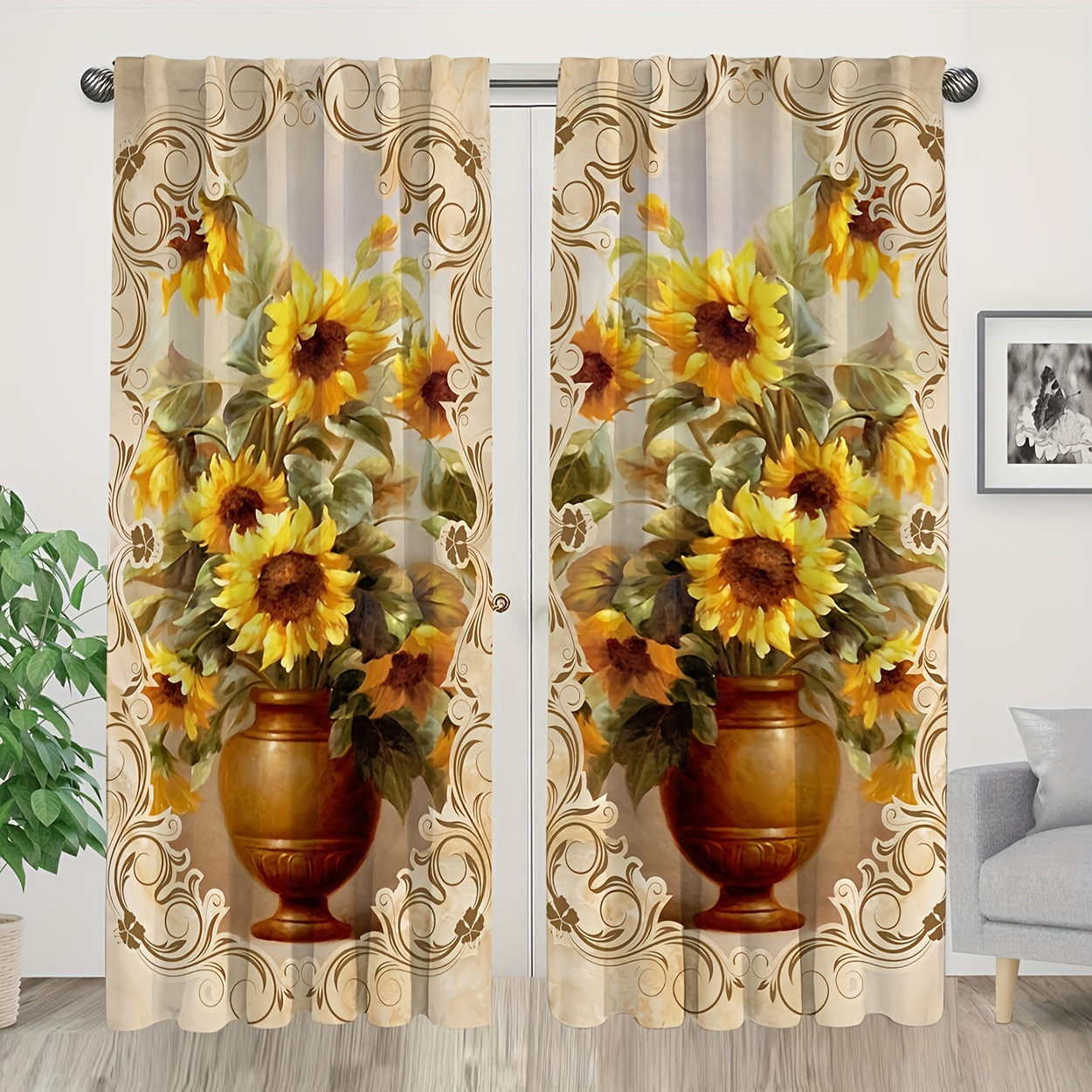

2pcs Sunflower Prints Curtain Tiers, Semi-blackout Privacy Curtain Valance Set, Protective Window Drapes For Party, Gifts, Kitchen, Office, Bedroom, Home Decoration