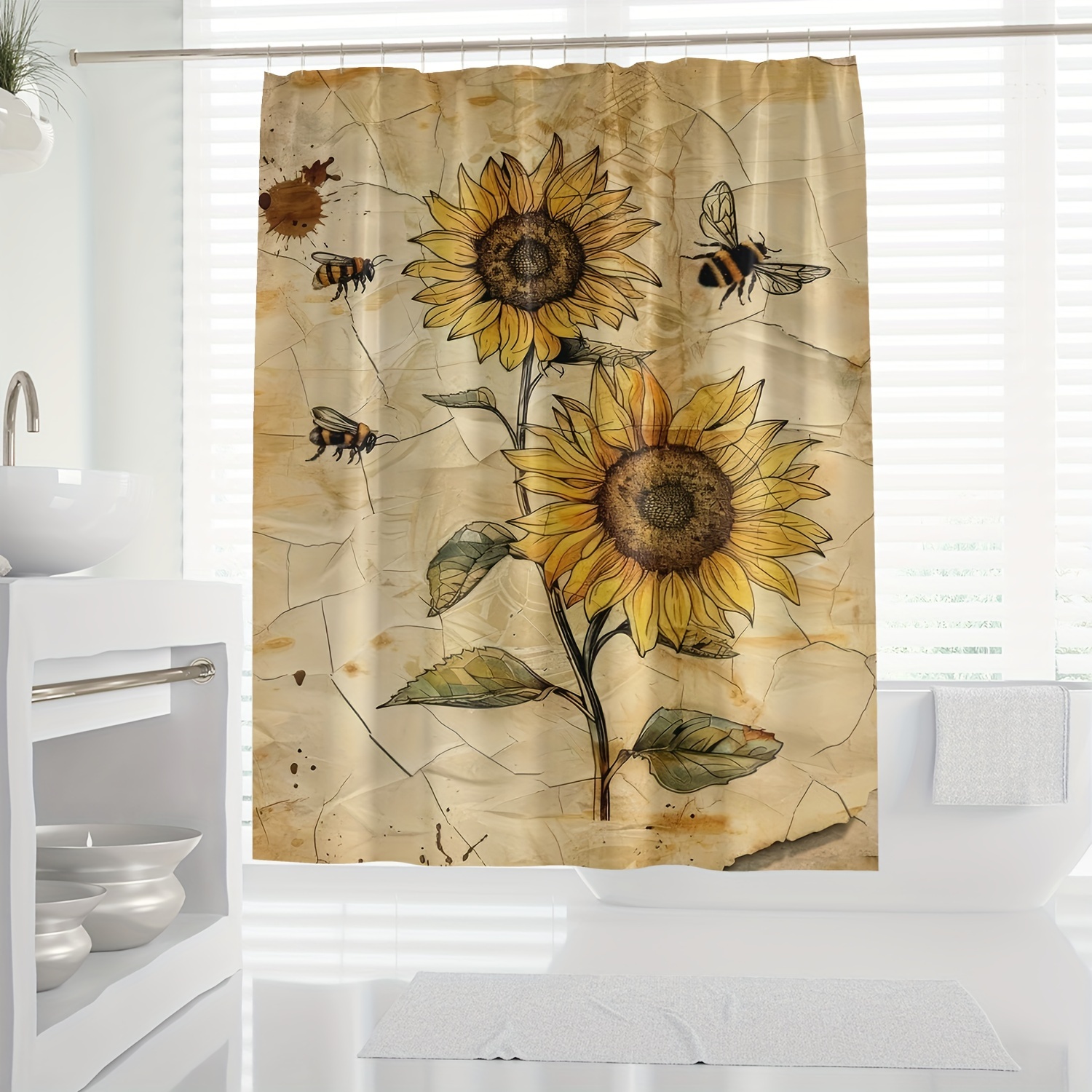

Sunflower And Bee Digital Print Polyester Shower Curtain With Hooks, Water-resistant, Machine Washable, All-season, Knit Weave, Artistic Floral Pattern Design For Bathroom Decor