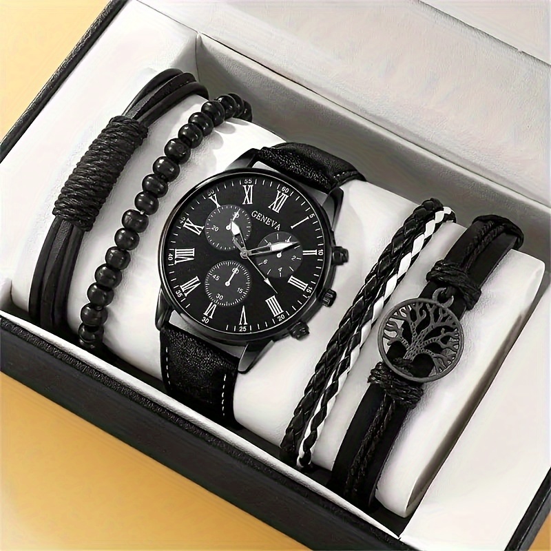 

5pcs/set, Fashion Casual Men's Pu Leather Strap Quartz Watch & Tree Of Life Jewelry Set, Perfect Gift For Any Occasion