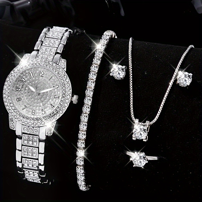 

6pcs Rhinestone Quartz Watches For Women Alloy Wrist Watch With Jewelry Set Great Gift For Her Mom Girlfriend Gifts For Eid