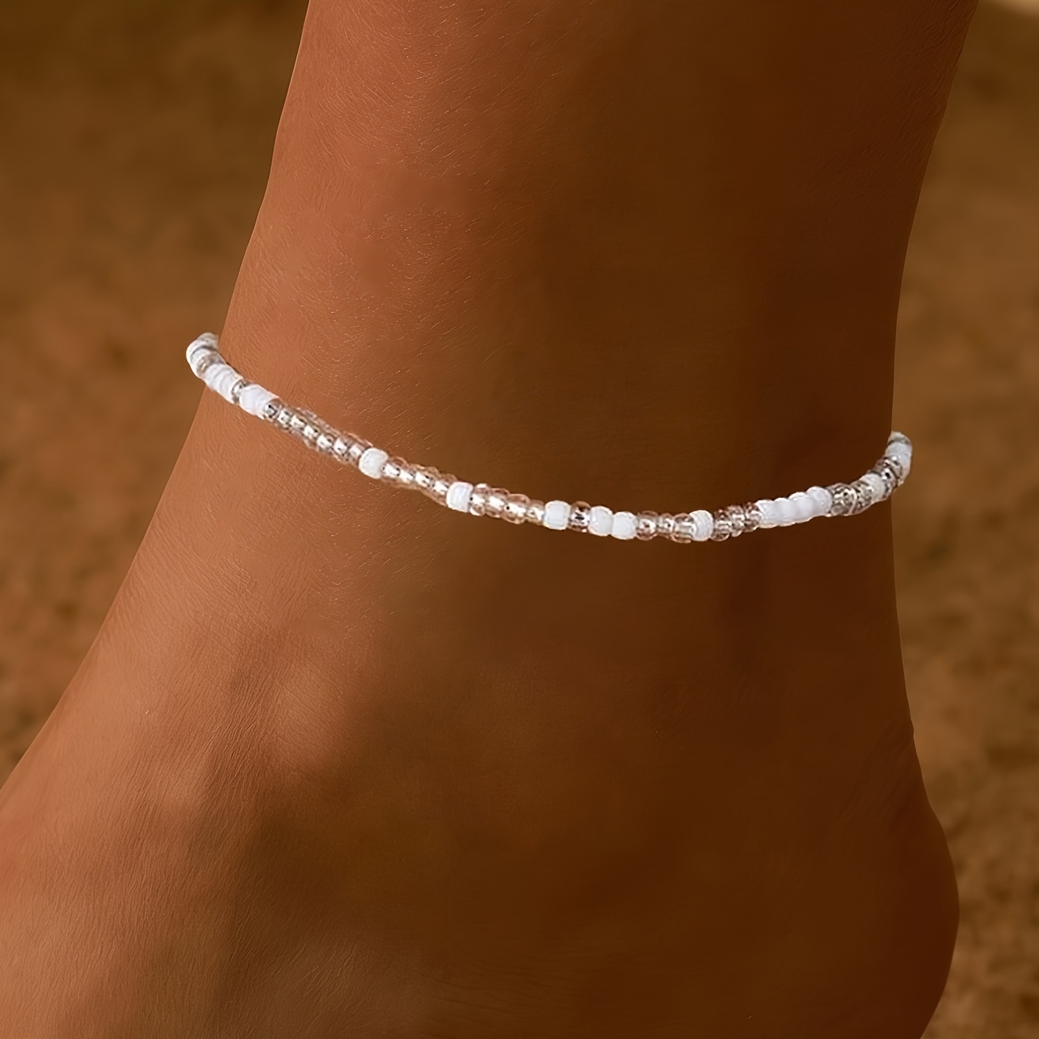 Women's Two-Color Mini Rice Bead Stretch Rope Anklet, Summer Accessories