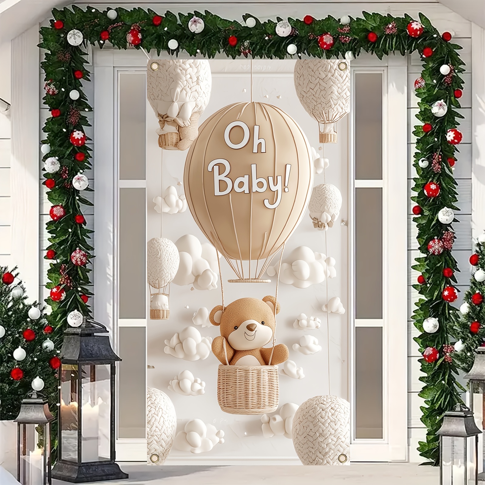 

2d Door Banner 1pc Oh Baby Vinyl Door Banner With Teddy Bear Air Balloon - Multipurpose Indoor/outdoor Decoration For Baby Shower, Bridal Shower, Wedding, Birthday - No Electricity Needed