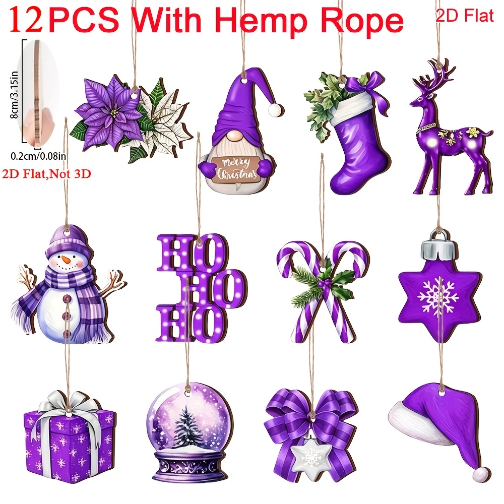 TEMU 2d Flat - 12pcs With Hemp Rope, 2d Flat Christmas Wooden Ornaments Purple Wood Hanging Christmas Decorations For Xmas Tree, Santa Hat, Snowman,