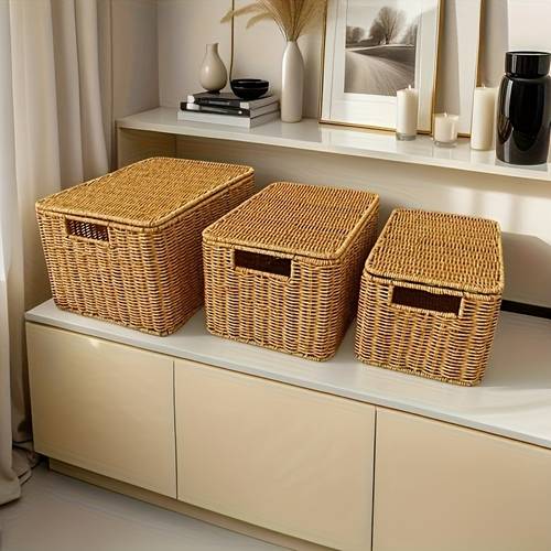 Rectangular Storage Basket - Rustic Farmhouse Desktop Organizer with Lid, Plastic Bin for Home, Kitchen & Living Room Decor, Space-Saving Design, , Basket for Home Decor, Shelf Baskets