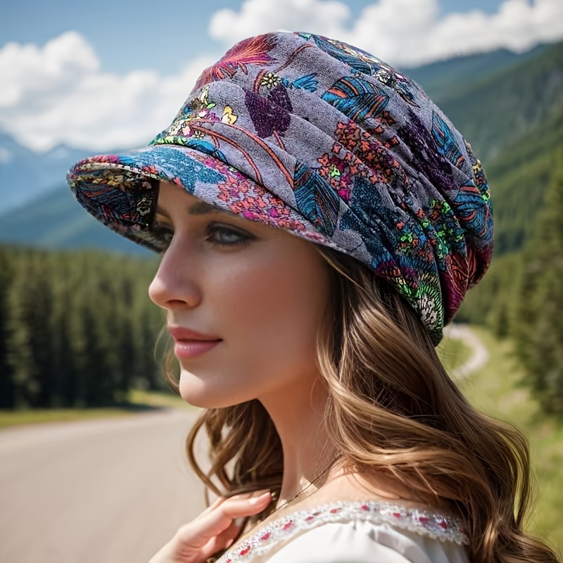 

Chic Floral Double-layer Women's Hat With Short - Stretchy, Knit Polyester, Hand Washable