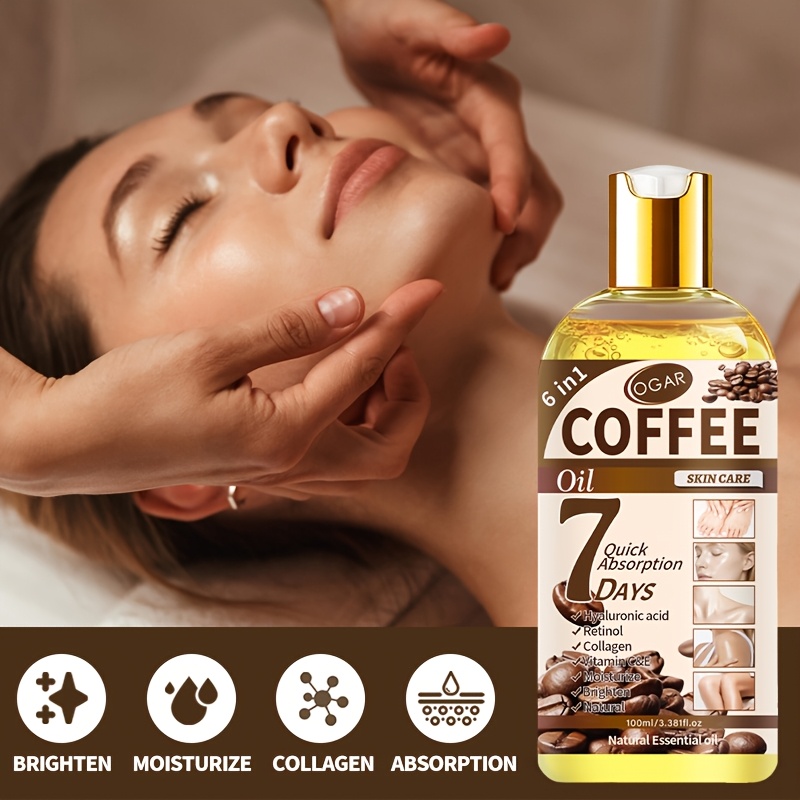 Ulei de îngrijire corporală cu cafea 6-în-1, bogat în ulei de cafea, retinol, colagen, vitamina C, vitamina E și alte nutrienți, bucură-te de masaj stil spa acasă, hidratare profundă, fermitate, luminozitate, potrivit pentru toate tipurile de piele, convenabil pentru acasă și călătorii