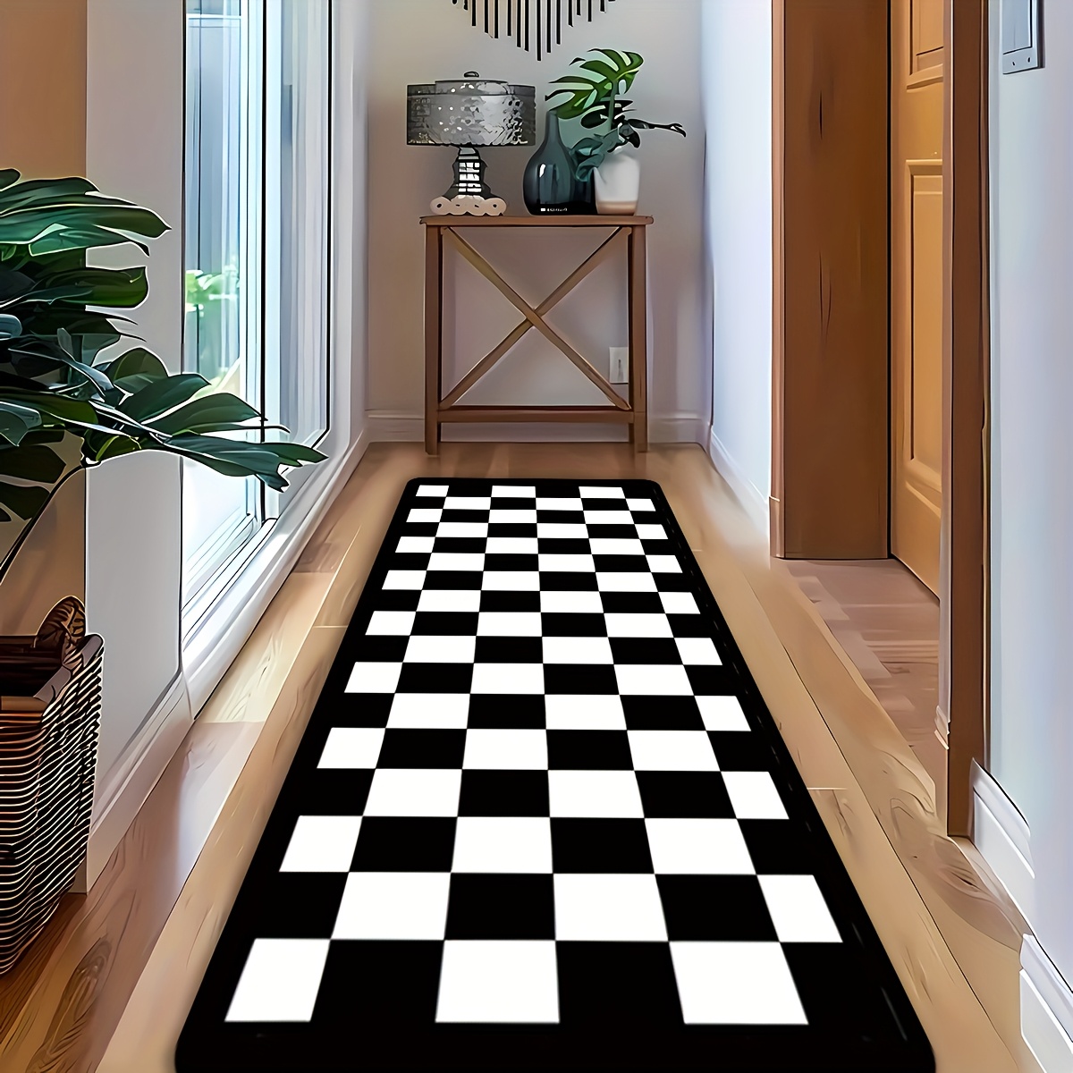 Image of 1pc Minimalist Geometric Checkered Runner Rug, Suitable For And Kitchens, Home Offices, Sink Areas, Or Laundry Rooms, , Bedrooms, Rugs, Home Decor Rugs, Long Runners, Minimalist Rugs