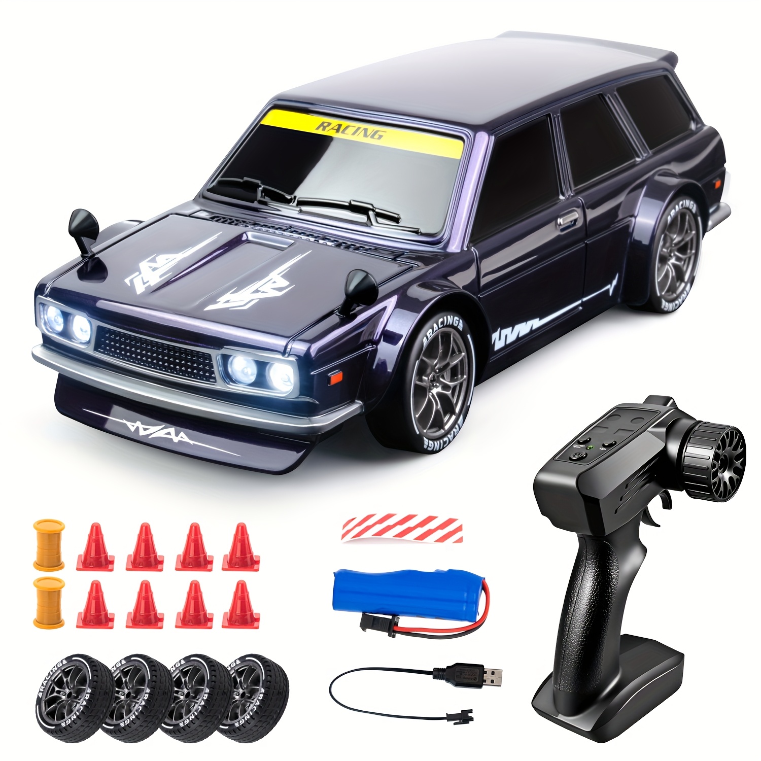 1:24 Scale 4WD Drift Car with LED Light Barriers and Replacement Tires