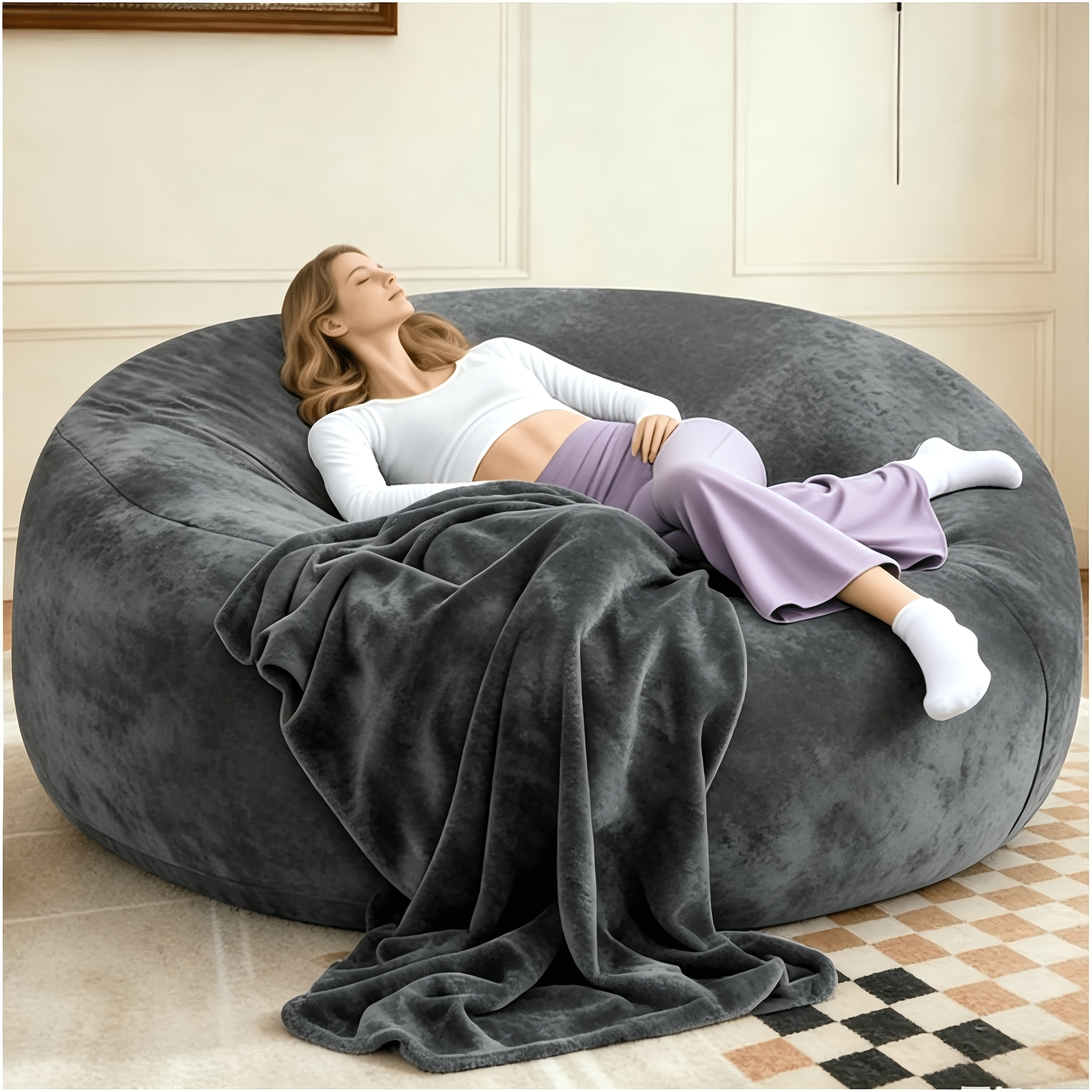 6ft Comfy Bean Bag Chair Suitable For Adults - Soft Fluffy Beanbag Sofa With Washable Cover & Foam-filled, Lounger For Living Room, Bedroom, Game Room, Lounge - No , Multicolor Flannel/ Chair