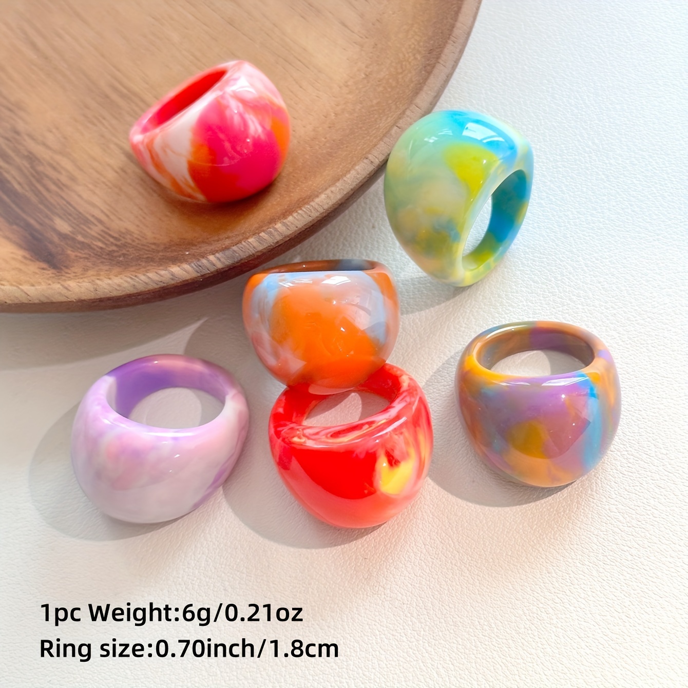 Image of 6pcs Of Trendy Colorful Gradient Oversized Resin Rings For Women, Perfect For Gifts, Everyday Wear, And Versatile