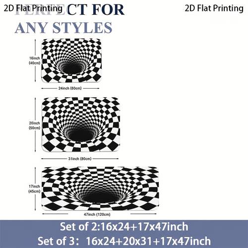 2d flat optical illusion checkered flannel anti slip rug set soft and cozy for versatile and visually appealing atmosphere for indoor outdoor use bedroom bathroom living room hallway 2d flat