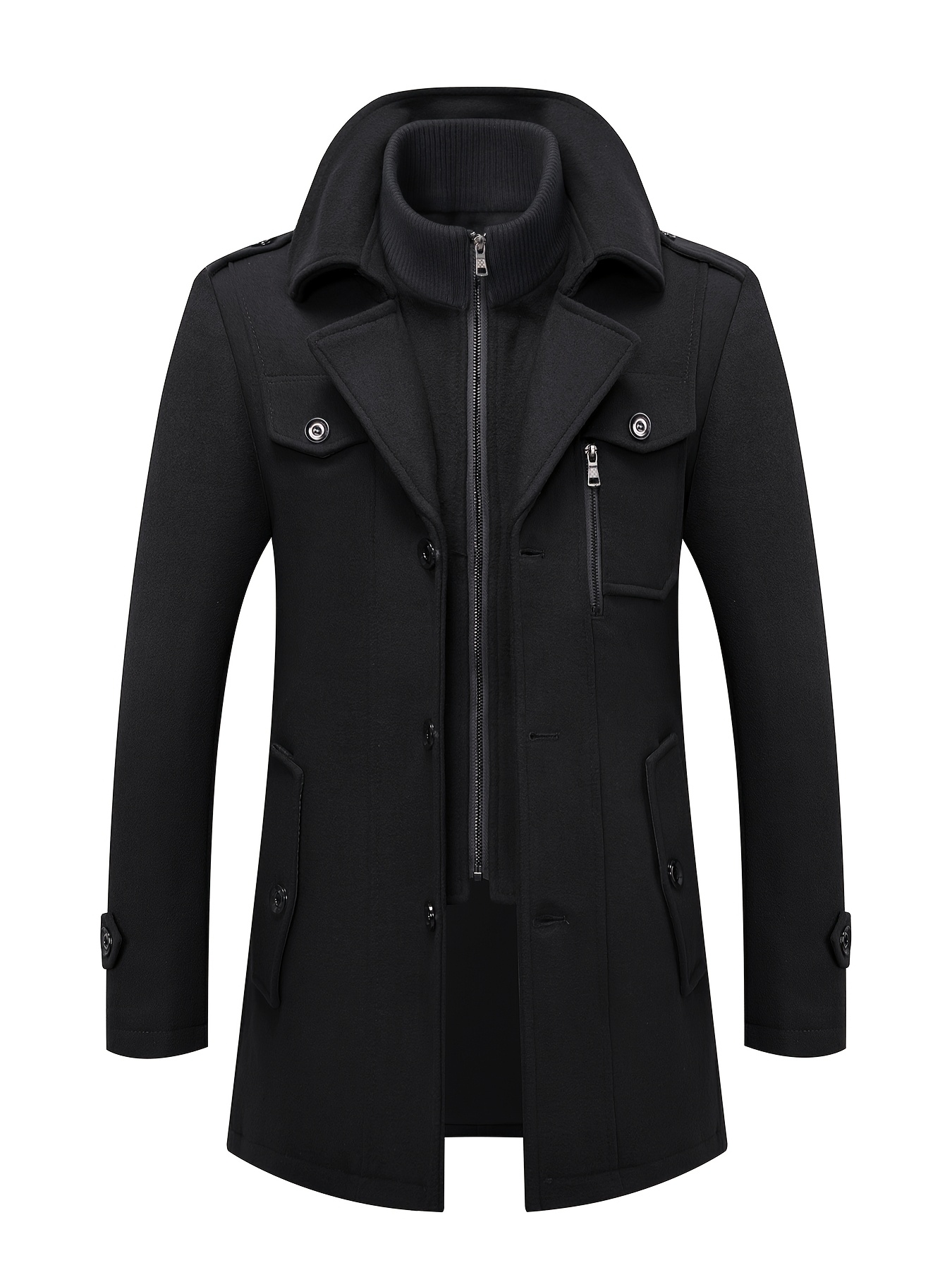 Men's Navy Blue Detachable Double-Breasted Trench Coat - Casual Wool Blend Overcoat with Zippered Pockets for Fall and Winter