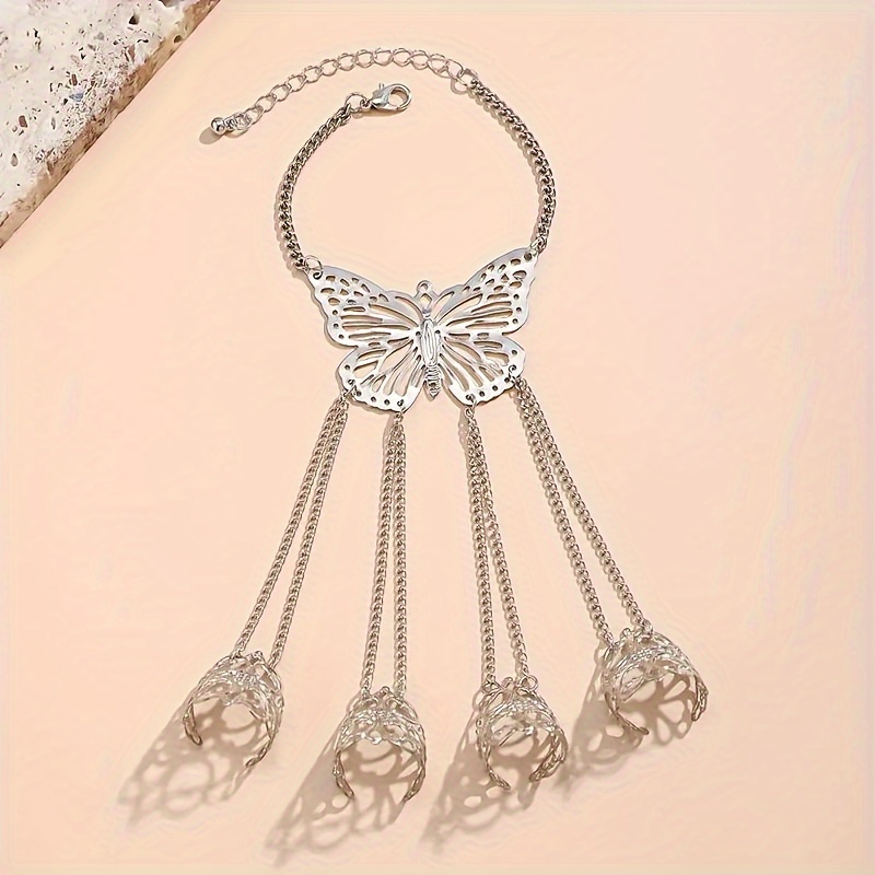 Vintage Butterfly Cuff Bracelet with Ring Chain Alloy Hand Chain Jewelry