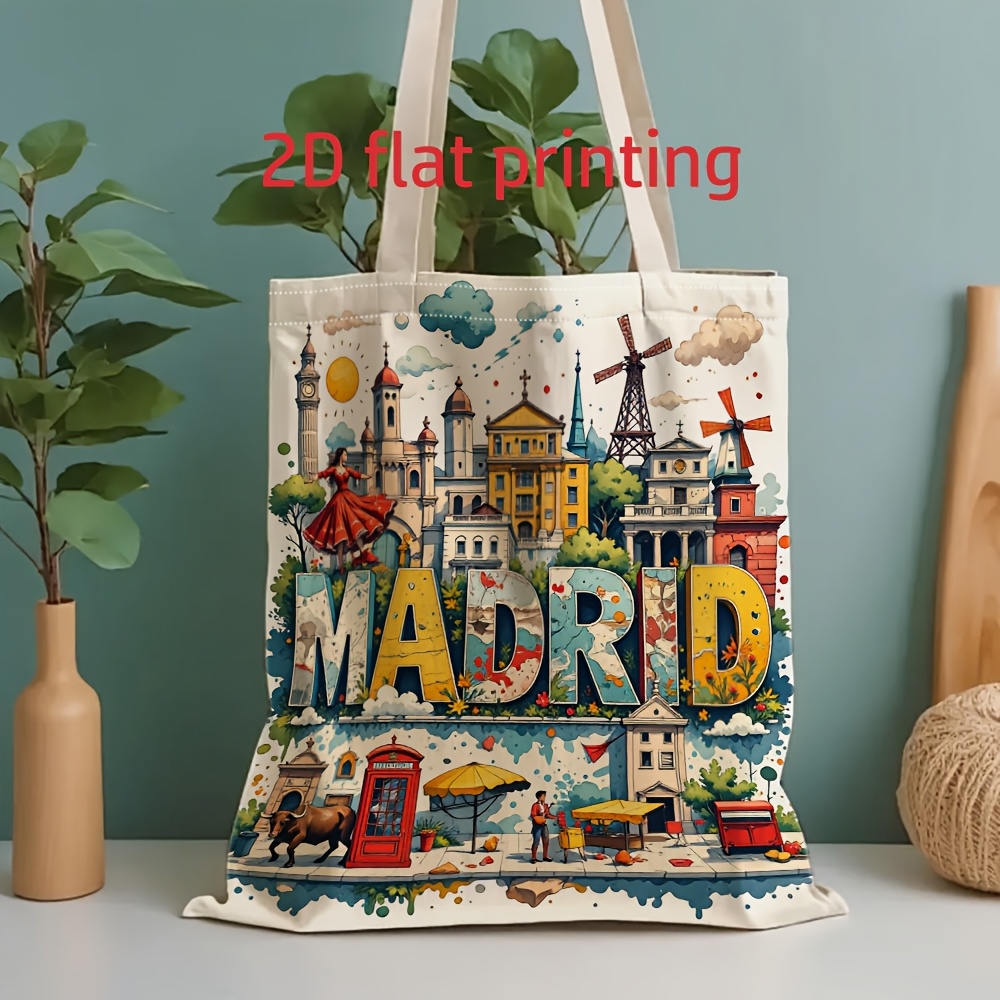 TEMU Bolsa tote de 1 pieza con temática de Madrid, para - de España de cara, bolso de con estampado de Madrid, bolso unisex para viajes,