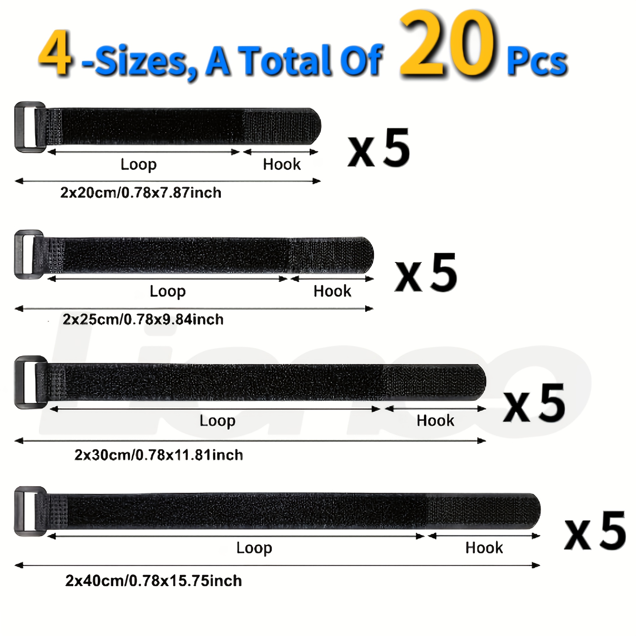 TEMU 4 tailles, 20 pièces au total. Sangles noires robustes avec fermeture à boucle - 200/250/300/400 mm (longueur de 200 à 400 mm). Fixation solide