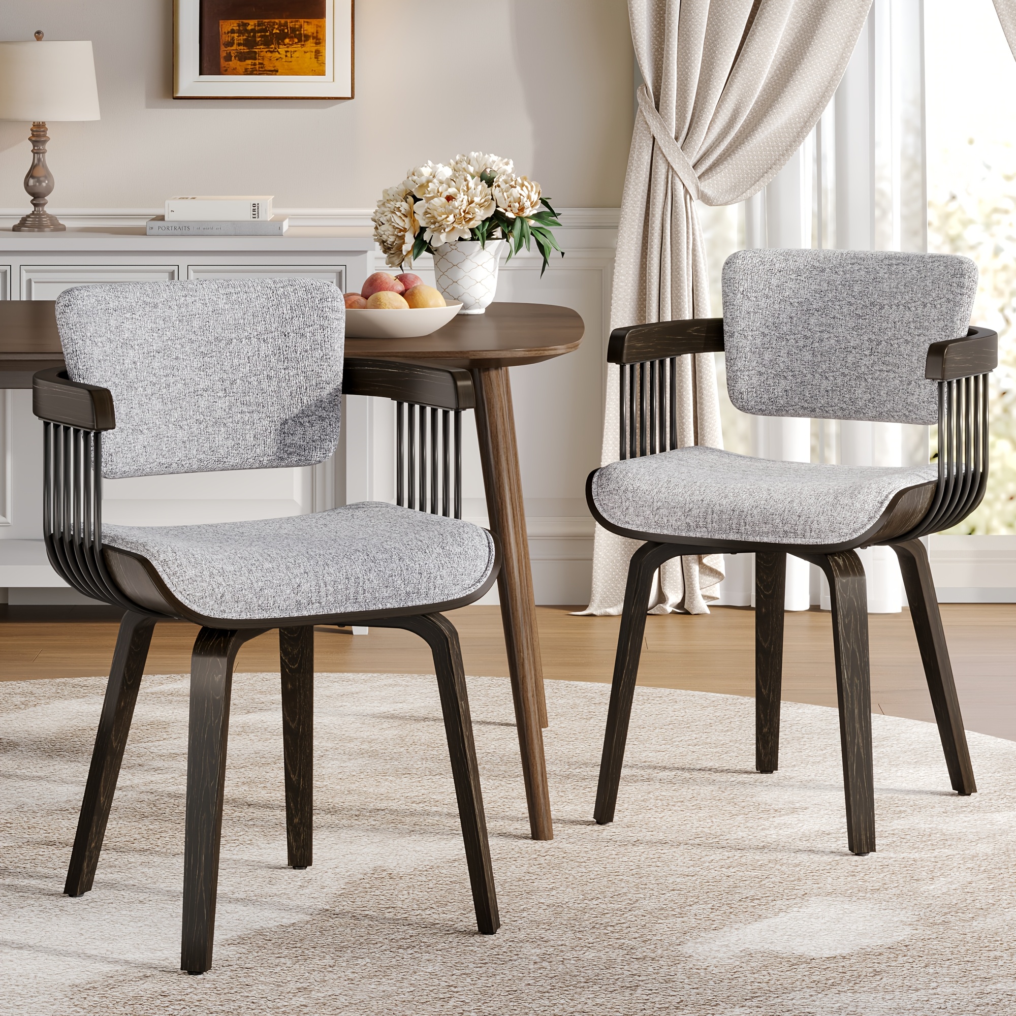 Two Ergonomic Wooden Dining Chairs, Curved Bentwood Backrest And Seat, High-Density Foam Cushion, Modern Semi-Armrest Kitchen Chair