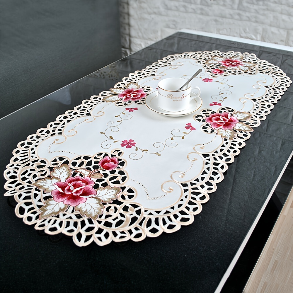 

Elegant White Oval Lace Table Runner 40x85cm - Woven Floral Embroidery Home Decor, Round Shape, 100% Lace Material