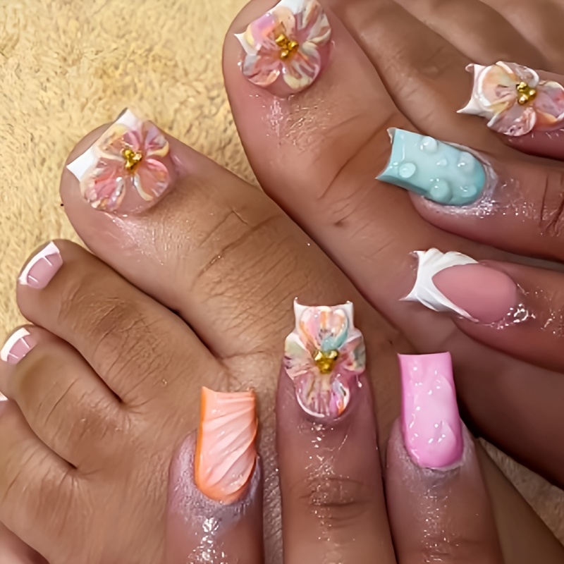 TEMU 48pcs Ballet Style Nail Art Set With Patches Including Fresh And Colorful Hand And Foot Nails, Three-dimensional Flowers, Drill Decoration With Jelly Glue, And Nail Files. Suitable For Daily