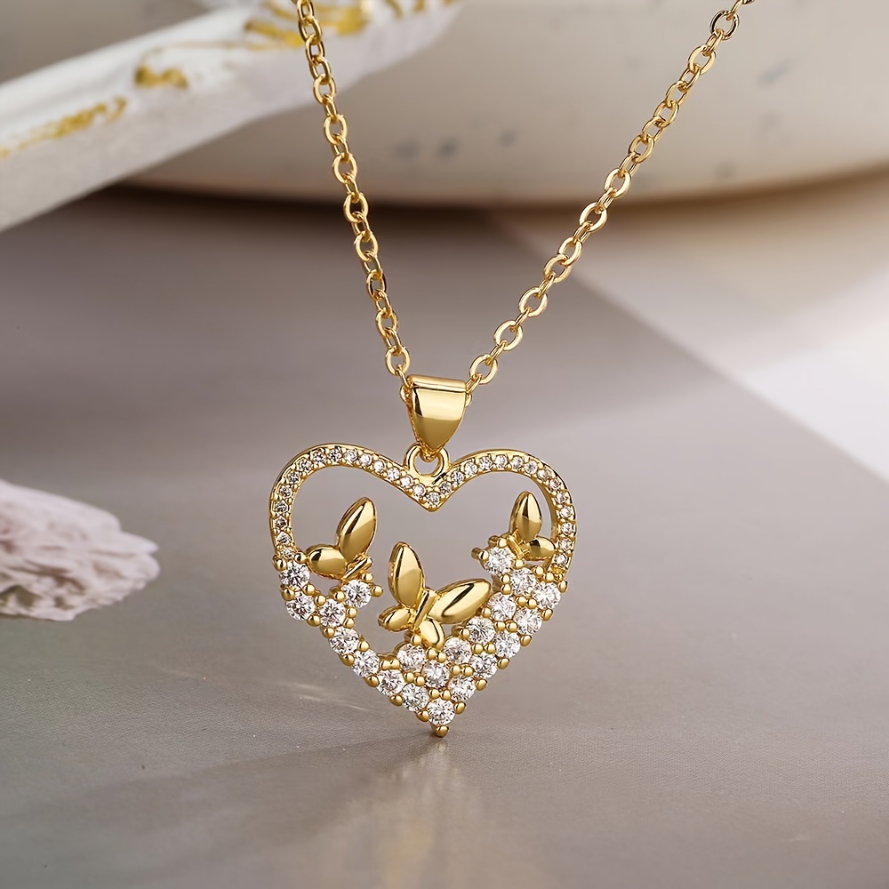 

Elegant 14k Golden Plated Stainless Steel Necklace With Heart & Pendants, Synthetic Cubic Zirconia, & Gift Jewelry For Her