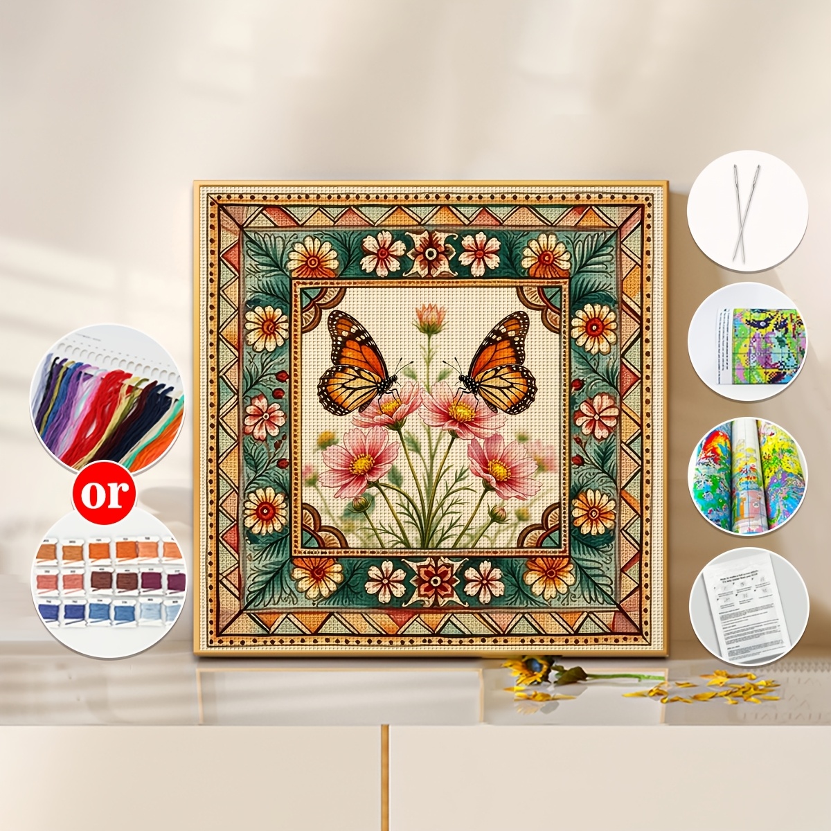 2pcs Butterfly Pattern Cross Stitch Adult Set, 40X40Cm & 50X50Cm