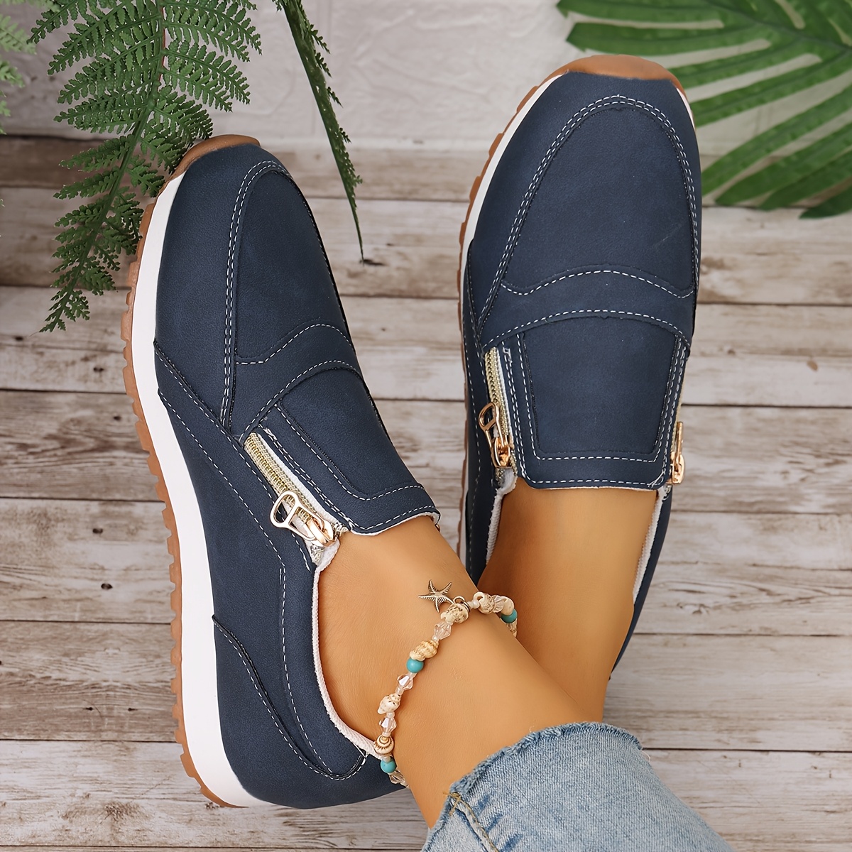 166-23 Navy Blue Women'S Casual Sports Shoes, Suitable for Use During 11 Different Holidays, Comfortable Flat Casual Sneakers for Women, Featuring Double Zipper Closure, Breathable Fabric Upper, Available in Navy Blue And Pink, Round Toe, TPR Sole