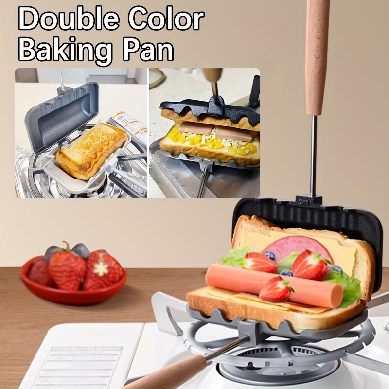 

1pc, Rectangular Double-sided Sandwich Baking Pan, Dual-color, Aluminum Alloy, Non-stick, Stovetop Toast Maker, Kitchen Cookware (11.8''x5.1''x2.5'')