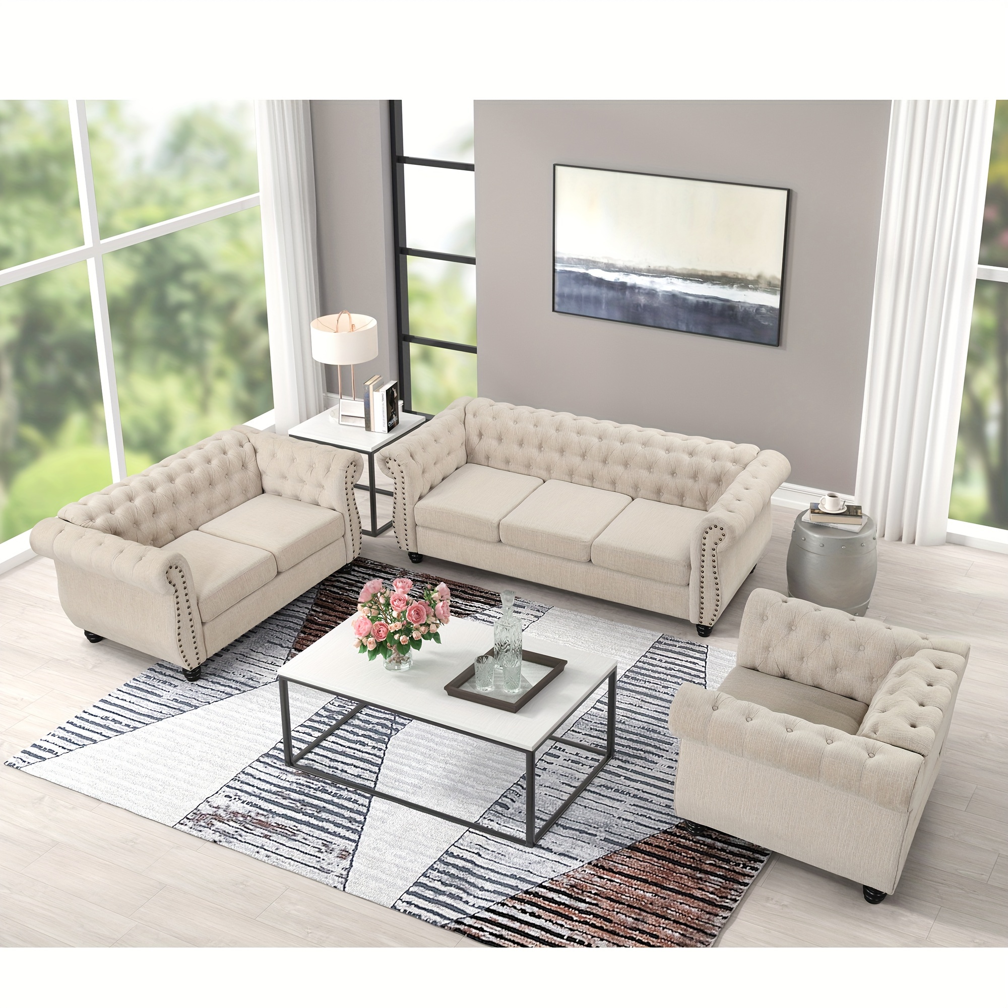 3pcs Beige Sofa Set Pet Friendly Tufted Chesterfield in Solid Wood Frame Chair Loveseat Sofa with