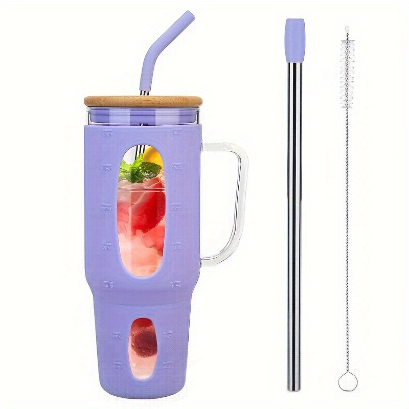 

50 Oz Glass With Handle, Glass Water Bottles With Straw And Bamboo Lid, Motivational Water Tumber Cup With Time Marker, Silicone Sleeve Bpa Free (purple)