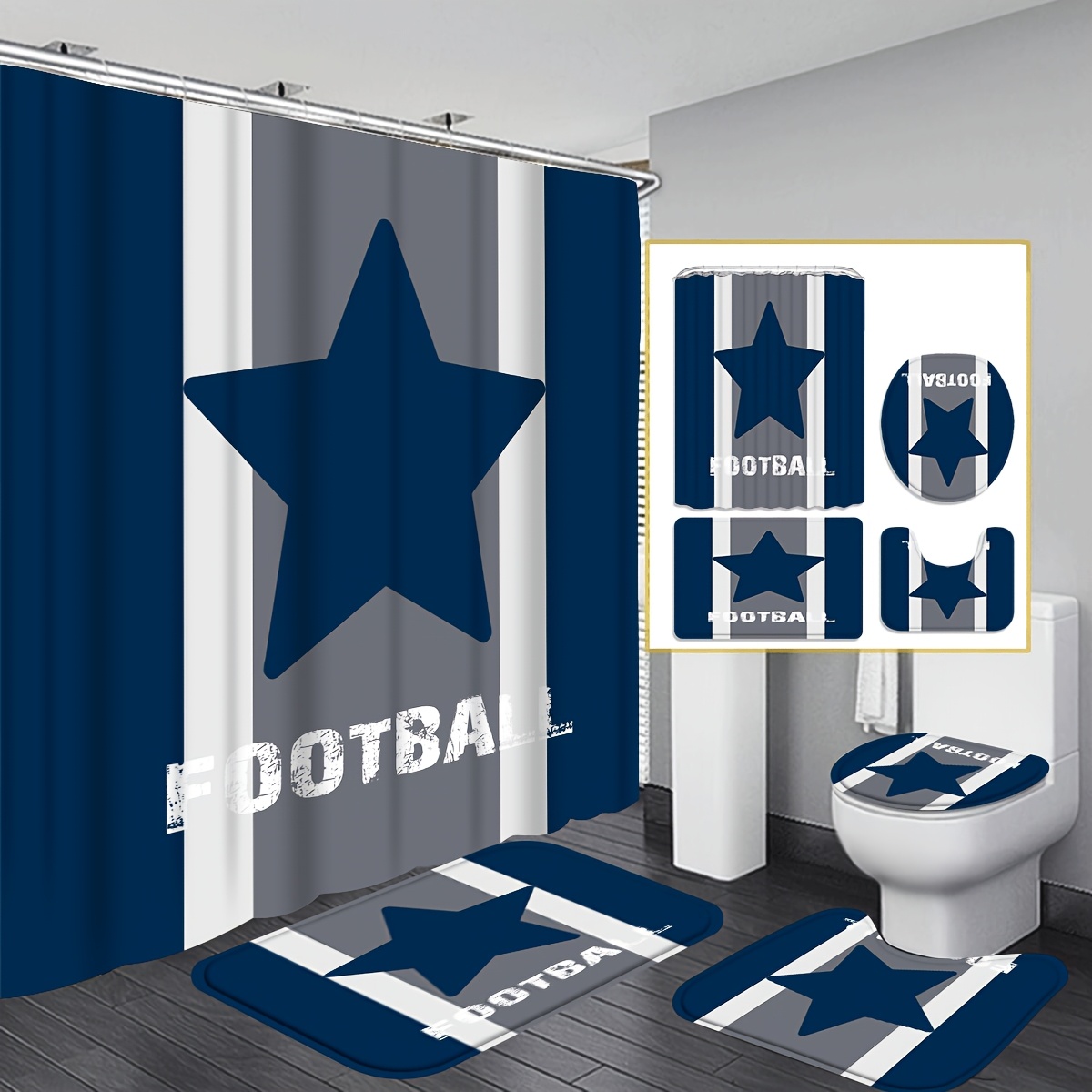 

4pcs Texas Curtain Sets, Football Bathroom Shower Curtain, Bath Mat, Toilet Lid Rug, Non-slip U Shape Mat, Athlete Bathroom Decor Sets, Home Decor Accessories, 12 C Type Hooks, Waterproof, " X