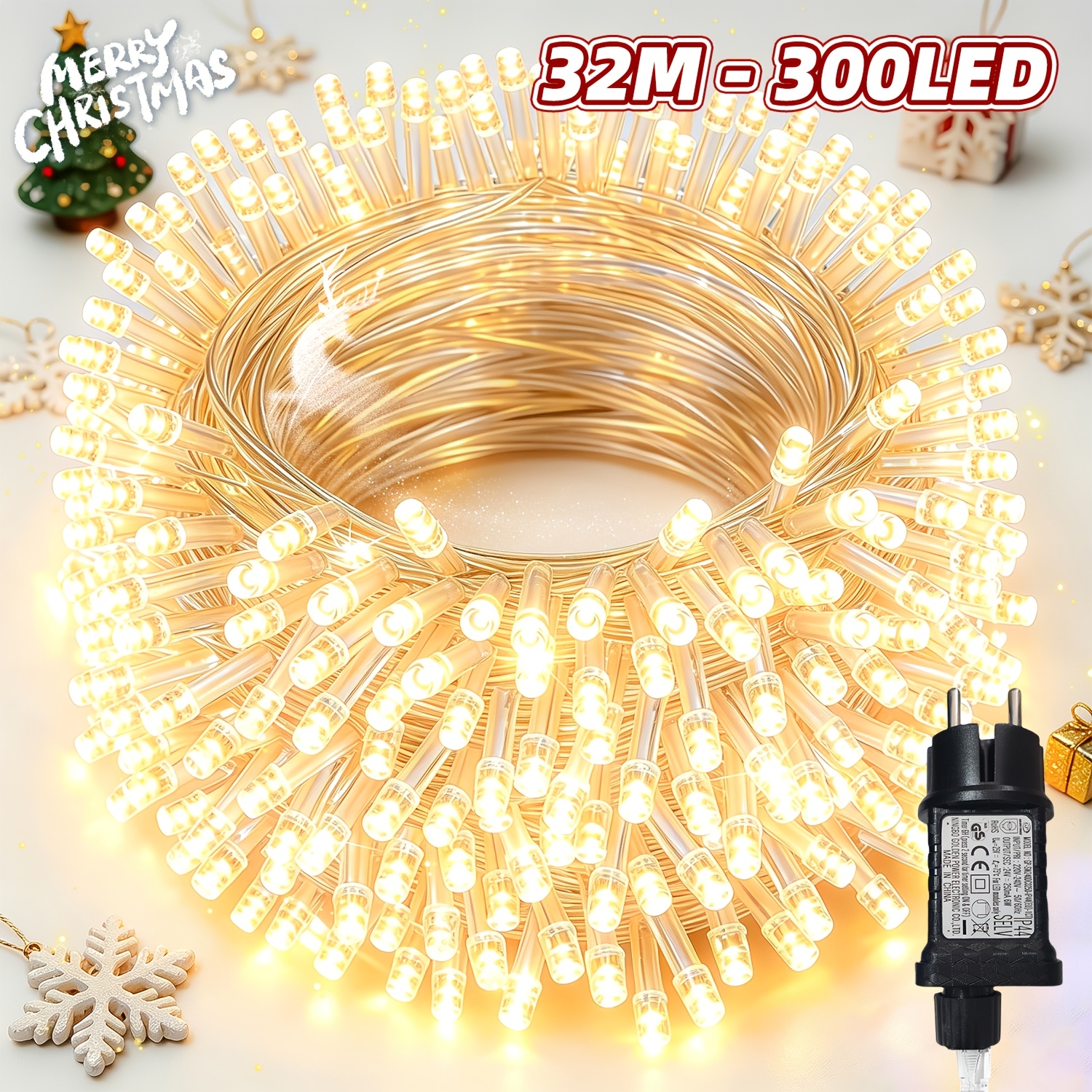 TEMU 1 Confezione di luci decorative natalizie extra lunghe con spina standard europea, 32/22/12M, con 300/200/100 LED, 12 modalit� di lampeggio, con
